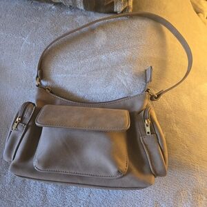 Brandy Melville Taupe Shoulder Bag with Slouchy Design and Silver Hardware